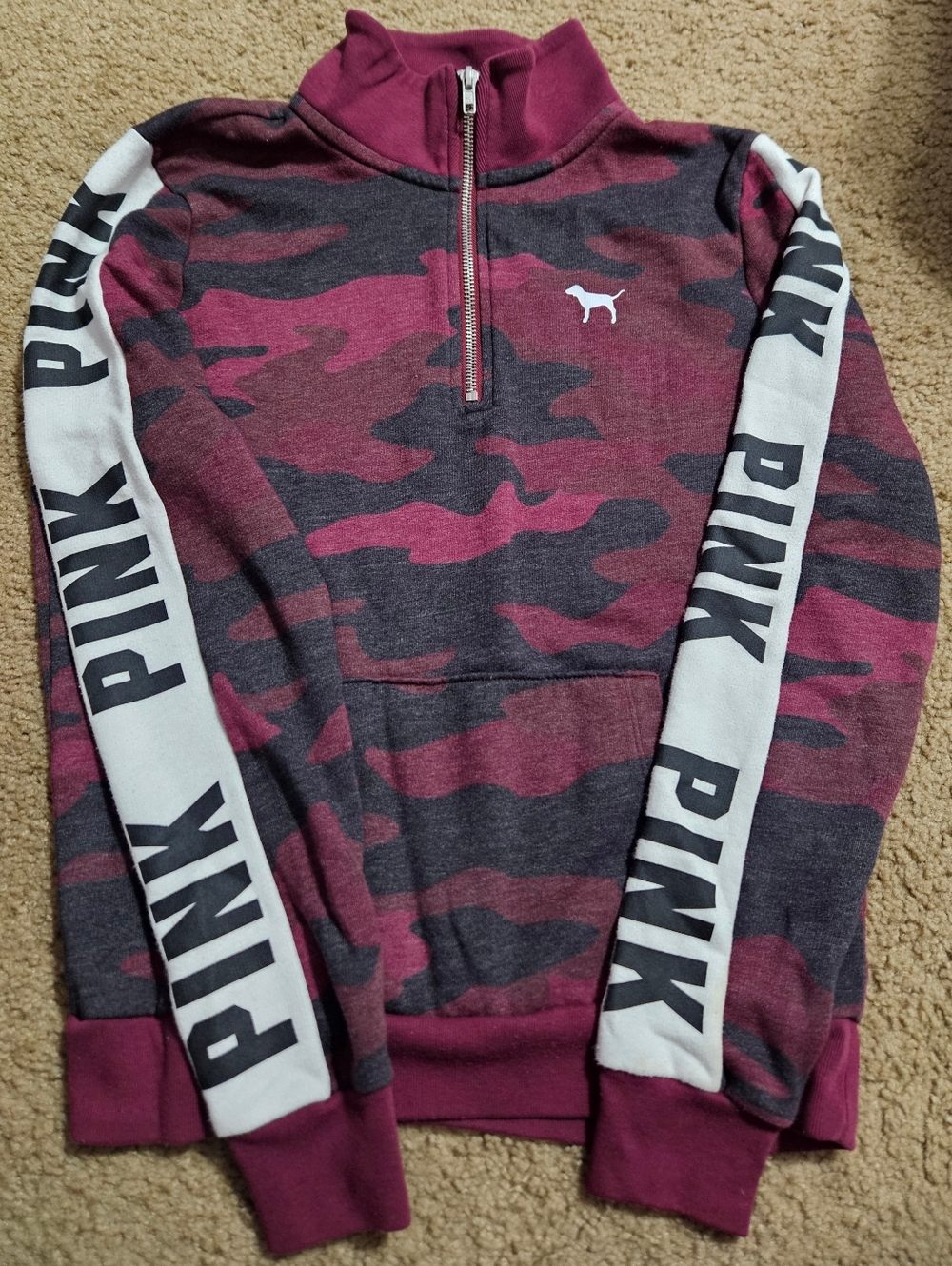 PINK Victoria's Secret Camo Spellout Half Zip Sweatshirt